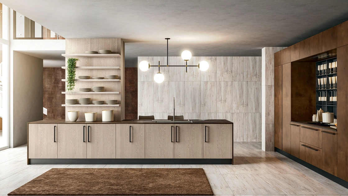Cucina Moderna in rovere e metallo liquido ossidato rame con penisola Clover Design 05 di Lube