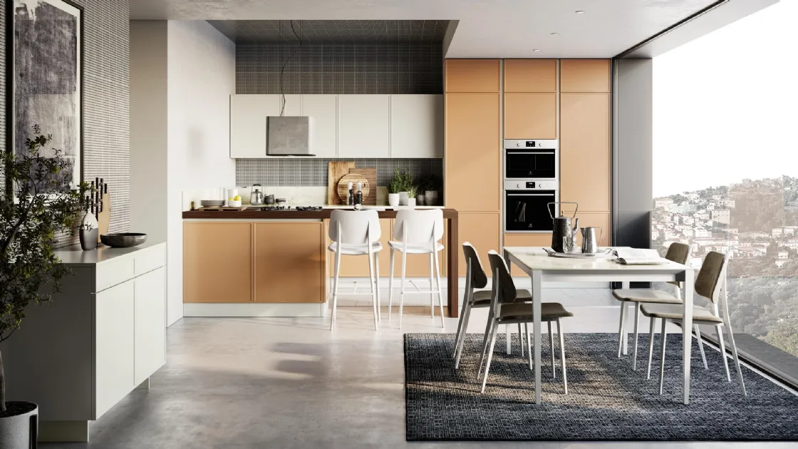 Cucina Moderna Rewind in laccato Cannella con penisola di Creo