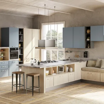 Cucina Moderna Rewind in laccato opaco Azzurro Nube e Pine Polar di Creo