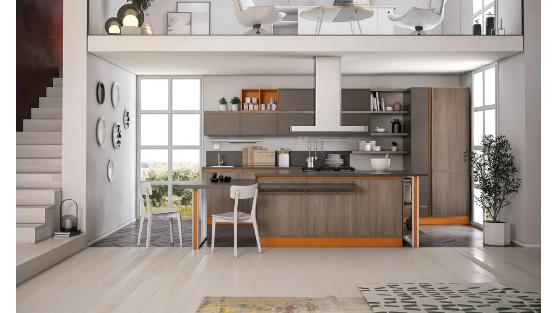 Cucina Moderna con isola Rewind finitura Frassino Creta e laccato opaco Cuoio di Creo
