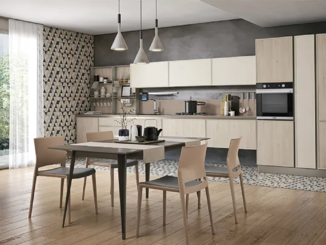 Cucina Moderna lineare Rewind 06 finitura Pine Cipria e laccato opaco Polvere di Creo