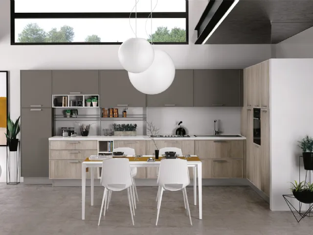 Cucina Moderna angolare Rewind 08 finitura Rovere gessato e laccato opaco Grigio Piombo di Creo