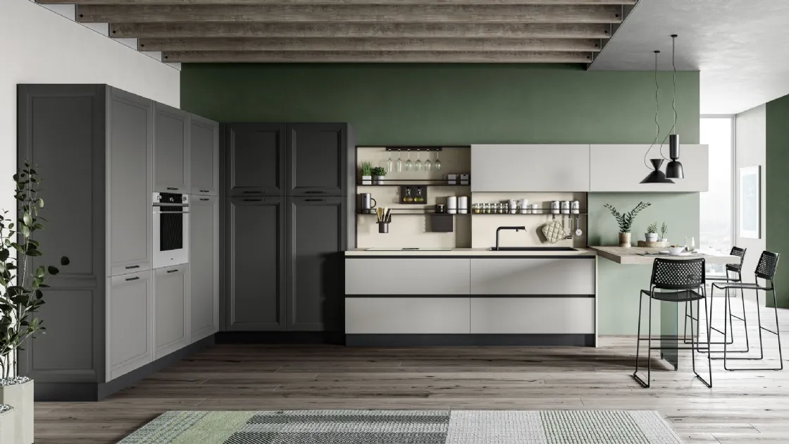 Cucina Moderna con penisola Smart finitura Carbone Supermatt e laccato opaco Polvere di Creo