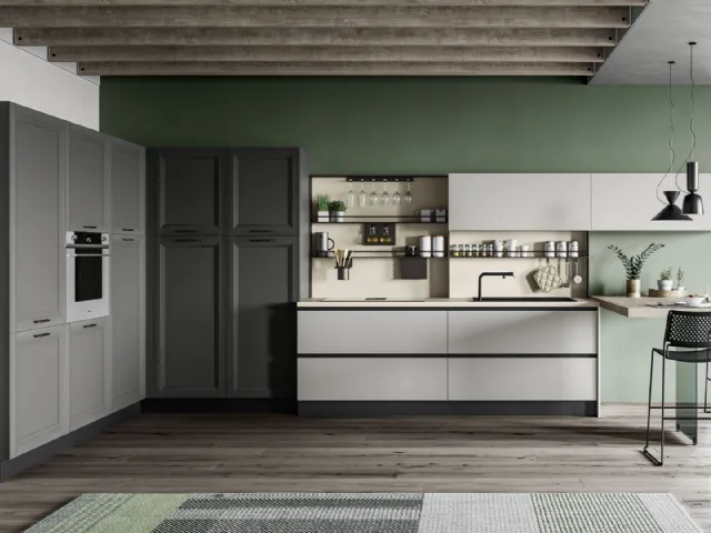 Cucina Moderna con penisola Smart 04 finitura Carbone Supermatt e laccato opaco Polvere di Creo