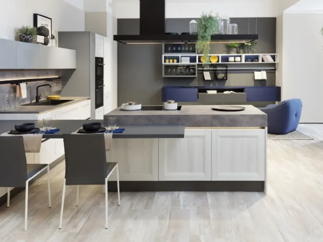 Cucina Moderna angolare con penisola Smart finitura Frassino Bianco e Pet Luna di Creo