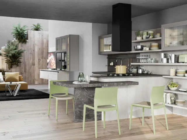 Cucina Moderna angolare Smart finitura Frassino Bianco Alpino e penisola in laminato finitura Marmo nuvolato di Creo