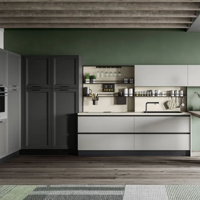 Cucina Moderna Smart in finitura PET Gesso,Luna e Carbone di Creo