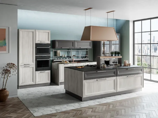 Cucina Moderna con isola Smart 10 finitura Rovere Greige e Pet Carbone Supermatt di Creo