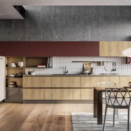 Cucina Moderna lineare Tablet finitura Rovere Ortisei e Rosso Cardinale di Creo