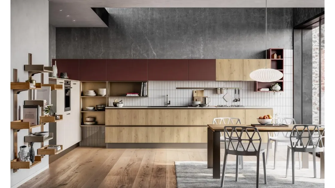 Cucina Tablet Rovere Ortisei e Rosso Cardinale di Creo
