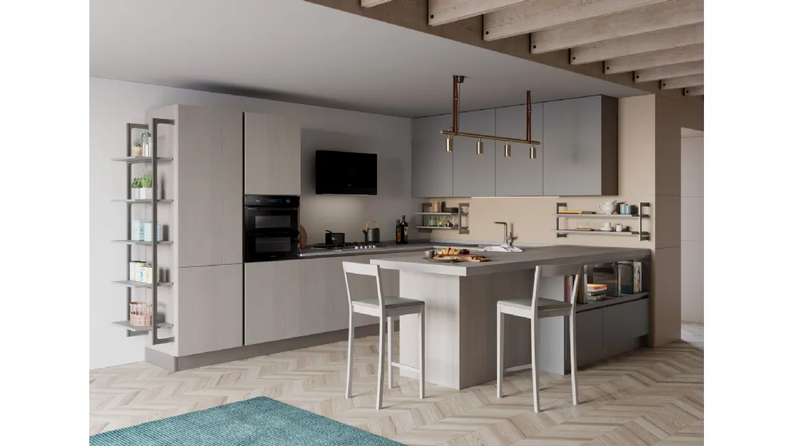 Cucina Moderna con penisola Tablet Wood 07 in Rovere Grey e laccato opaco Ardesia di Creo