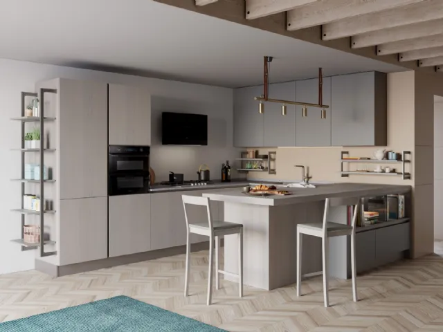 Cucina Moderna angolare con penisola Tablet Wood in Rovere Grey e laccato opaco Ardesia di Creo