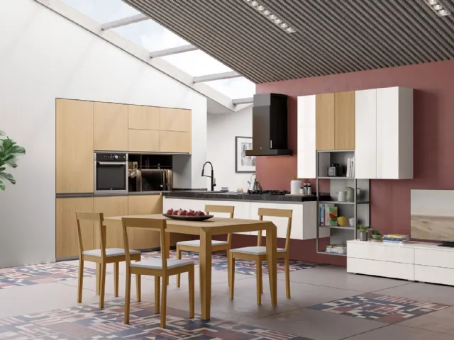 Cucina Moderna angolare Tablet Wood in Rovere Naturale e laccato Bianco lucido di Creo