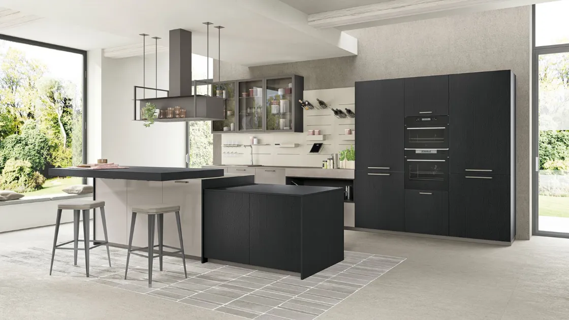 Cucina Moderna con isola Tablet Wood 01 in Rovere Nero e laccato lucido Ardesia di Creo