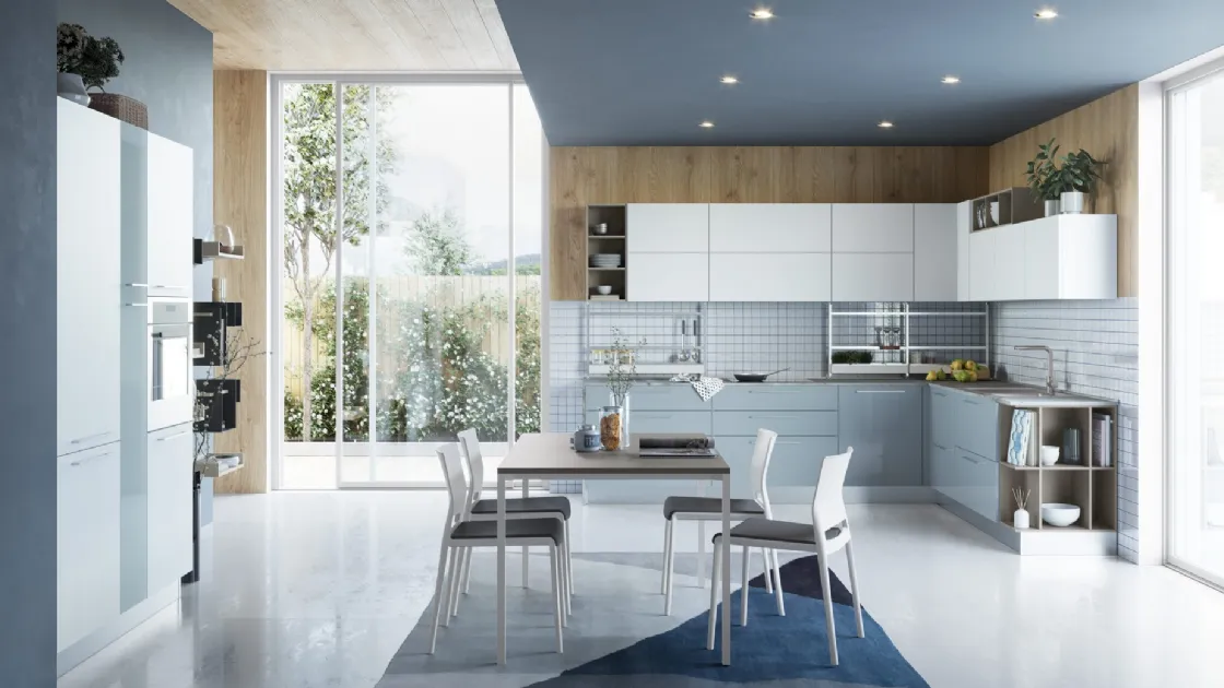 Cucina Moderna angolare Zoe 02 in Laccato Lucido Cielo e Bianco di Creo