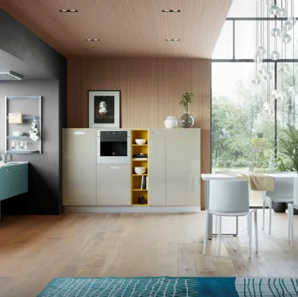 Cucina Moderna Zoe in laccato lucido Sasso e laccato opaco Verde Fiordo di Creo